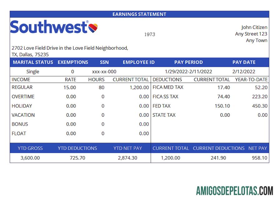 Recibo de pagamento da USA Southwest Airlines Airlines Company baixar para verificação